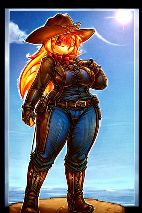 female novakid , chubby,((anarchist)) , absurdity, High resolution, ultra detailed,  ,whole body, original character, cowboy hat, wild west