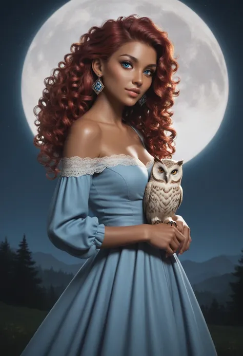 score_9, score_8_up, score_7_up, score_6_up, rating:safe, 1girl, solo, red mahogany_hair, wavy_hair, jewelry, dress, blue_eyes, earrings, long_hair, looking_at_viewer, curly_hair, upper_body, lips, lace, blue_dress, (night:1.3), cxqz8r, medieval_dress, med...