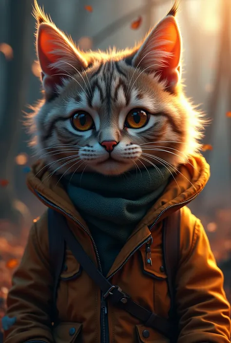 a detailed furry cat wearing a hunters outfit, beautiful detailed eyes, beautiful detailed face, beautiful detailed fur, highly realistic, hyperdetailed, 8k, photorealistic, cinematic lighting, vibrant colors, dramatic shadows, best quality, masterpiece