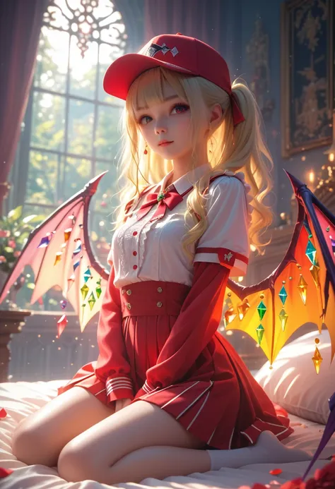 oriental project, flandre scarlett sits on the bed in jk uniform, hands crossed at the waist., light yellow hair, warm lighting,...