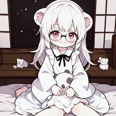 An illustration of a Japanese anime-style albino girl wearing glasses and a chiffon dress putting a koala to bed. Im smiling.