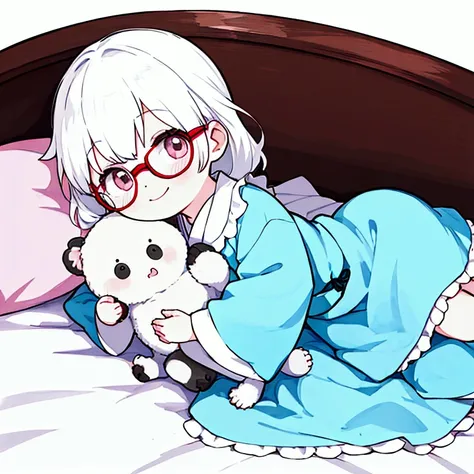 An illustration of a Japanese anime-style albino girl wearing glasses and a chiffon dress putting a koala to bed. Im smiling.