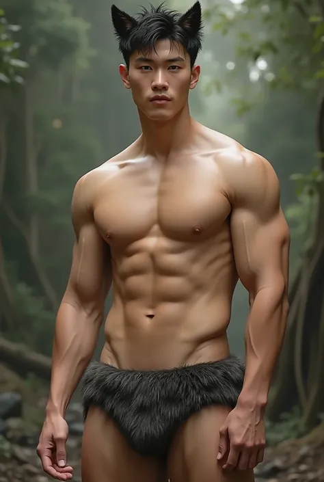 Handsome Chinese teenageer model, 4k, high resolution, best quality, masterpiece, perfect color, perfect shadow, perfect lighting, Posted by e621, ((portrait)), ((handsome man)), handsome and perfect Chinese teenagegure, wearing wolf fur underwear,  Detail...