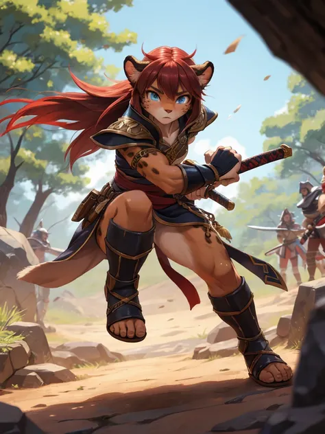 Beastman adventure fantasy, battle scene , female leopard, warrior, slim , (muscular:0.8) , Demonstration , Low center of gravity , (motion blur) , Stomp your feet , battoujutsu
, ( soft focus , Shallow focus , soft light) , Mature , Euphoria , glossy lips...