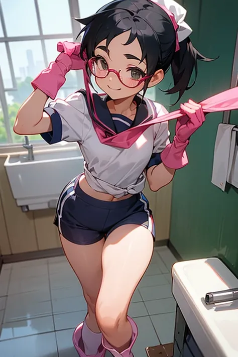 A primary school student with glasses and black hair tied up, wearing a short-sleeved gym uniform and shorts, a gym cap, and pink long rubber gloves and white rubber boots, smiling and cleaning a dirty school toilet