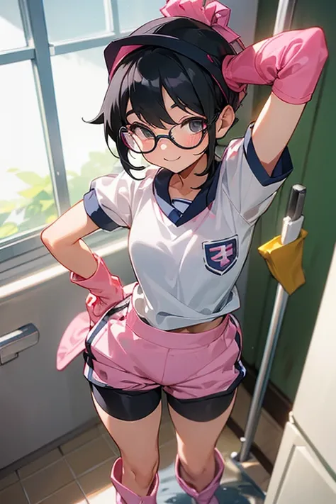 A primary school student with glasses and black hair tied up, wearing a short-sleeved gym uniform and shorts, a gym cap, and pink long rubber gloves and white rubber boots, smiling and cleaning a dirty school toilet