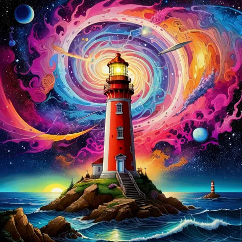 Brightly colored lighthouse，Spiral galaxy in the background，A bold beacon on the horizon，Psychedelic Surreal Art, Cosmic Psychedelic Poster Art, Fantasy Art, Psychedelic Art, Cosmic Enlightenment, ,Vortex Universe, Illusion Art