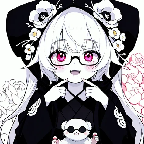 BackgroundColor GraffitiArt Style. Japanese anime style illustration girl. A black hood with a white floral pattern and a white Gothic dress on the inside. He is albino and wears glasses. She looks happy holding a koala.