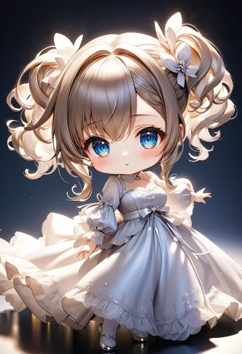 chibi character, cute beauty, glossy silky drill hair, elegance, dignity, seductive and attractive expression, captivating eyes, curvaceous, wearing French doll dress, various effects, delicate and dynamic textures, contrasts of light and shadow, BREAK ult...