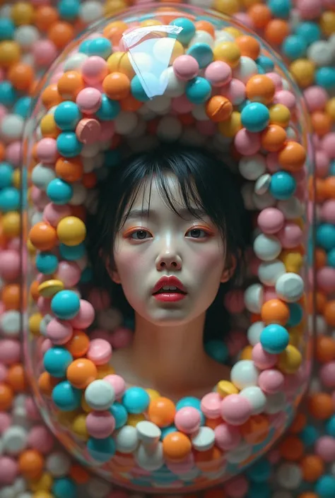 NFSW, photo-realistic, ultra-realistic, famous Japanese idol girl, She is trapped inside a capsule of drinking pills, a large number of colorful pills, she is floating on the pills,