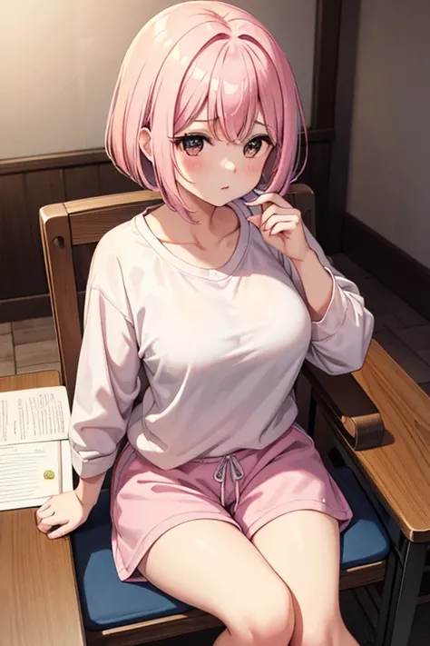 pretty girl、1 person、night、深night、Bigger Breasts、Sit on a chair、While writing notes on the desk、Looks sleepy、Black Eyes、Cute Loungewear、pink, Slightly fluffy clothes、Yellow shorts、Bob、pink Hair、