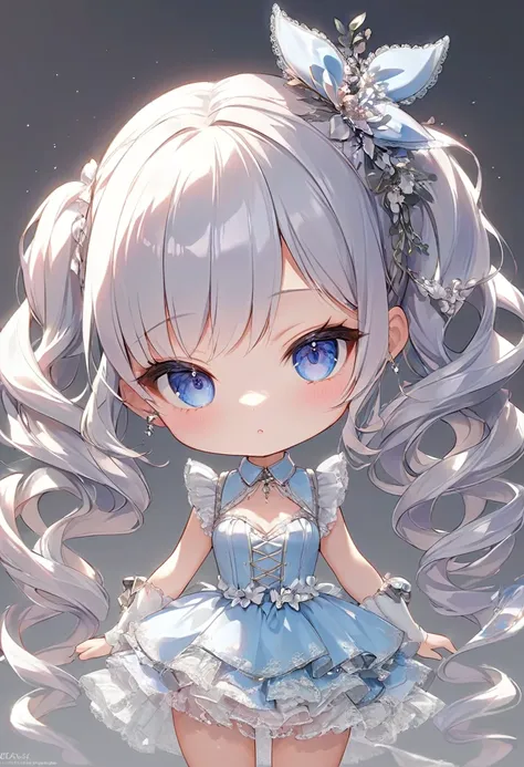 chibi character, cute beauty, glossy silky drill hair, elegance, dignity, seductive and attractive expression, captivating eyes, curvaceous, wearing French doll dress, various effects, delicate and dynamic textures, contrasts of light and shadow, BREAK ult...