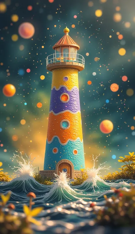 brightly colored lighthouse，spiral galaxy on the ocean in the background，a bold beacon on the horizon，rough seas，psychedelic sur...