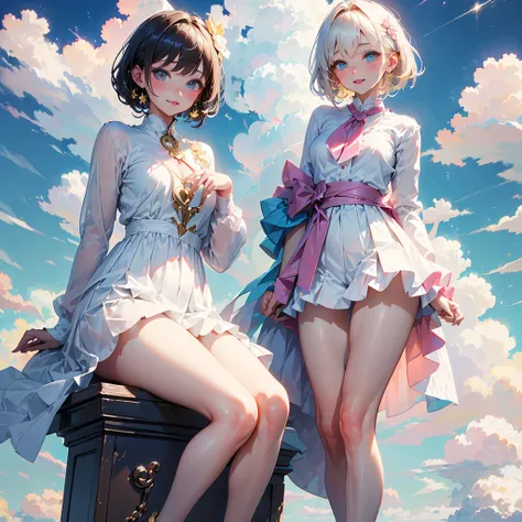 1girl,(((The best composition、Perfect Anatomy、Golden Ratio)))、cute、White and pastel colors、Fluffy、cute、Best Quality、Masterpiece、The best composition、Absurd、Fantasy、Clouds are pastel colors and I live on top of the clouds、The clouds look like cotton candy a...