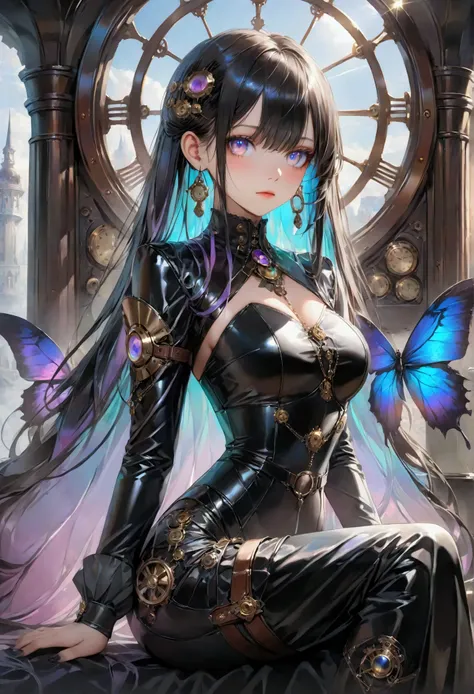 Long smooth straight black hair, inner dark iridescent hair, iridescent eyes,sitting in steampunk clothes. masterpiece, super detail,detailed eyes, best quality, 8k,realistic