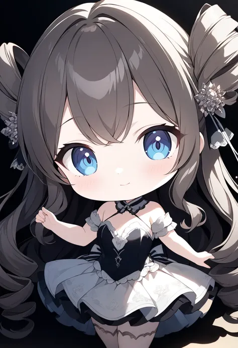 chibi character, cute beauty, glossy silky drill hair, elegance, dignity, seductive and attractive expression, captivating eyes, curvaceous, wearing French doll dress, various effects, delicate and dynamic textures, contrasts of light and shadow, BREAK ult...