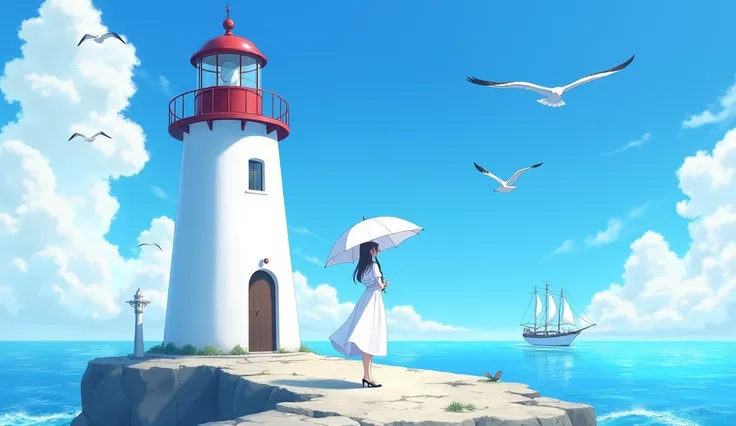 White Lighthouse、Blue Sky、Blue Sea、A woman in white clothes holding a white parasol、White seagulls、White Ship、High image quality、Anime Style