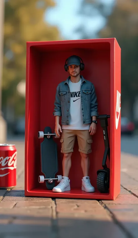 live-action、Real、An unopened box containing a figurine of a young man in street fashion、Nike sneakers、Kickboard、Segway、Headphones、cap、Cola included、Red Nike shoebox-like packaging