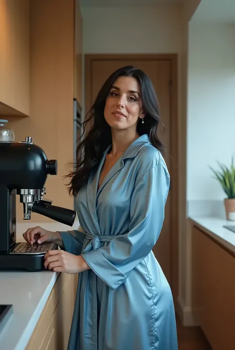 masterpiece, best quality, (photorealistic:1.4), full body, blue satin dressing gown, standing at the coffee machine he makes coffee in the big modern kitchen,  cinematic light, beautiful woman, skinny, big large breasts, black wave hair, detailed face, sm...