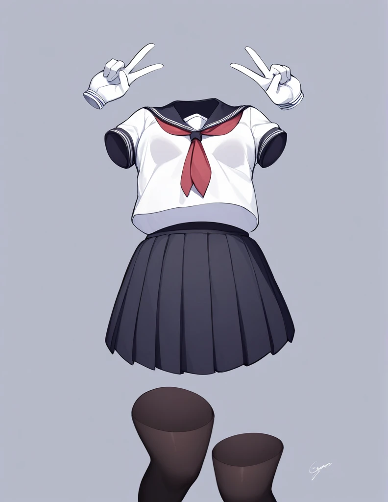 transparent, invisible person, no body,1girl, skirt, solo, simple background, school uniform, signature, grey background, serafuku, pleated skirt, shirt, white shirt, pantyhose, shoe soles, sailor collar, black footwear, gloves, double v, short sleeves, bl...