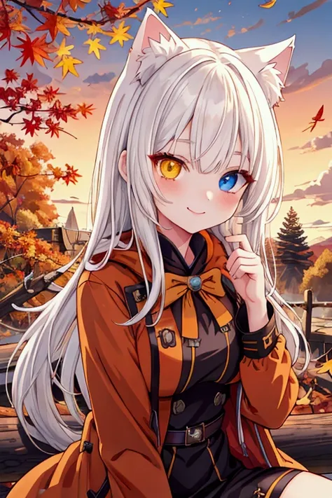 best quality , ultra detailed , highres ,anime style , upper body ,One woman, long white hair, heterochromia,yellow right eye,blue left eye, cat ears, solo, medium breasts, autumn,smile,sitting on log,outdoor,orange sky,evening,fallen leaves,duffel coat