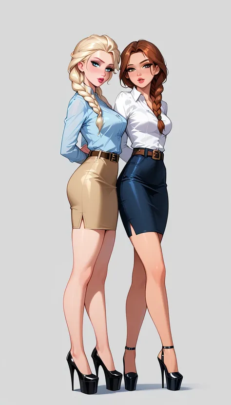 score_9, score_8_up, score_7_up, 2girls, duo, (anna, brown hair, braided pigtails, wearing tight pencil skirt, belt, blouse, spe...