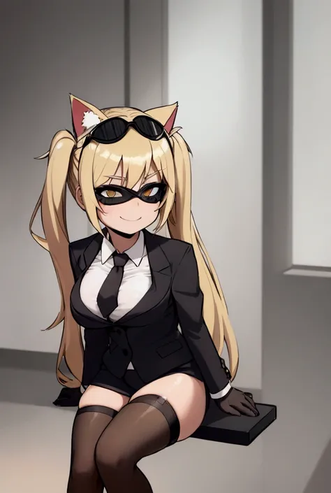 One Girl,cat ears,blonde,Twin tails,Black Suit,tie, At the office,boss,beautiful,,Leather handbags,Looking Ahead,president&#39;s Office,Drink coffee,smile,Sit on a chair, Eye mask,