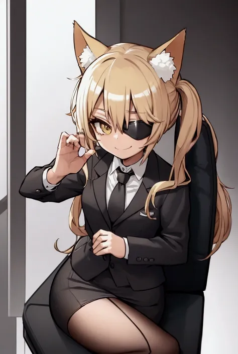 One Girl,cat ears,blonde,Twin tails,Black Suit,tie, At the office,boss,beautiful,,Leather handbags,Looking Ahead,president&#39;s Office,Drink coffee,smile,Sit on a chair, Eye mask,