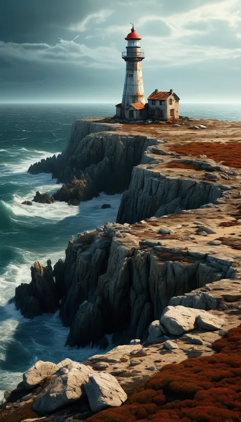 post-apocalyptic world, destroyed land, no sea, the dried sea, post-apocaliptic wastelands, wilderness on the coast, lonely and little destroyer  lighthouse on a rocky cliff, gives shelter to lonely wanderers,