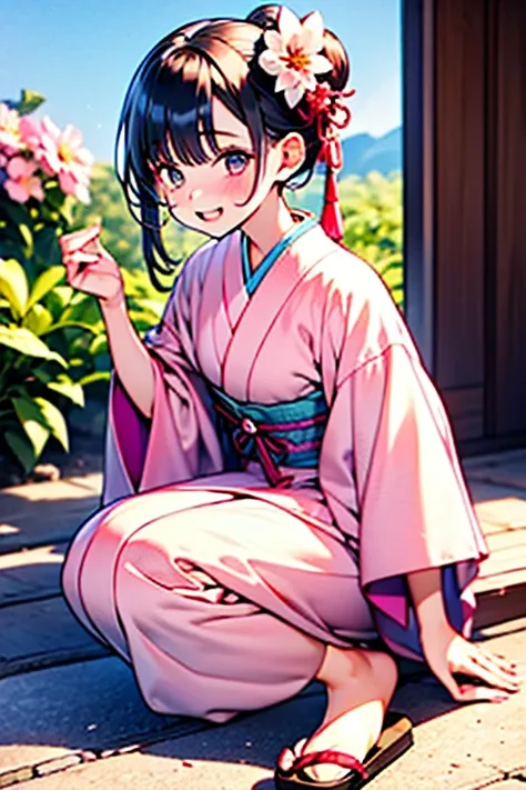 girl, pink yukata with white petal details, máscara blanca con lineas rojas estilo kitsuné que le cubre el rostro completo, brow...