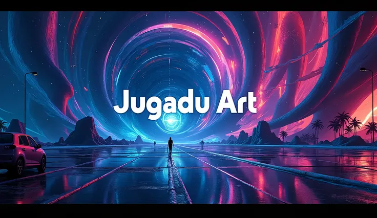 Design a vibrant Facebook cover photo with the name Jugadu Art prominently displayed. The background should blend elements of AI-generated art and photography, symbolizing creativity and innovation. Include abstract, futuristic designs with a fusion of dig...