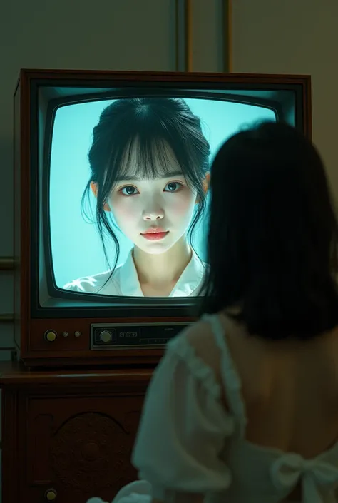 NFSW, photo-realistic, ultra-realistic, famous Japanese idol girl, She is trapped inside the classical TV, clone girl is watching the TV