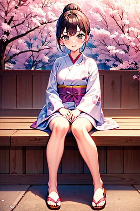 girl, pink yukata with white petal details, máscara kitsuné, brown hair styled in a japanese bun, japanese wooden flip flops