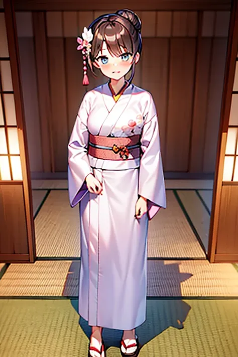 girl, pink yukata with white petal details, máscara kitsuné, brown hair styled in a japanese bun, japanese wooden flip flops