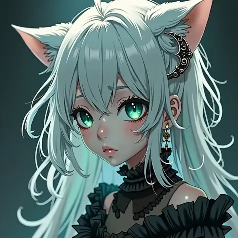 Long hair, White hair, chest, earring, earringรูปพระจันทร์เสี้ยว, Green eyes, Cat&#39;s pupil, Character design, Anime style, Gothic art, 