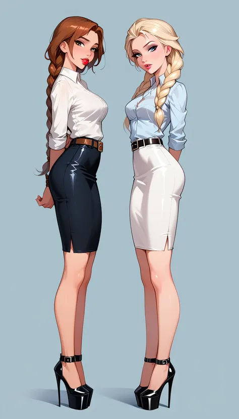 score_9, score_8_up, score_7_up, 2girls, duo, (anna, brown hair, braided pigtails, wearing tight pencil skirt, belt, blouse, spe...