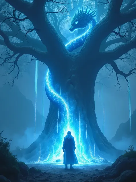 A man surrounded by blue light stands in front of a huge tree，Streams of light surround the tree，Fall，Cyan Chinese dragon hovering ，Front view。