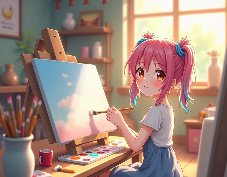 young anime girl with a paintbrush and a painting board