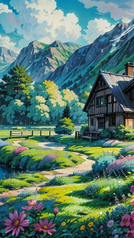 a painting of a house in a field of flowers, anime beautiful peace scene, background of flowery hill, anime nature wallpap, studio ghibli environment, anime. by makoto shinkai, anime nature, by makoto shinkai, by Makoto Shinkai, anime scenery, anime landsc...