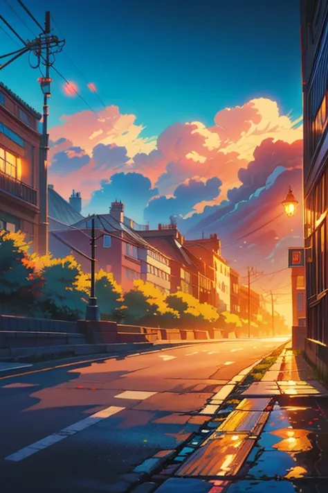 a painting of a city street at night, anime background art, flowers, ross tran. flowery tree, scenic background, anime scenery, anime movie background, hd anime cityscape, anime landscape, anime style cityscape, colorful anime movie background, anime lands...