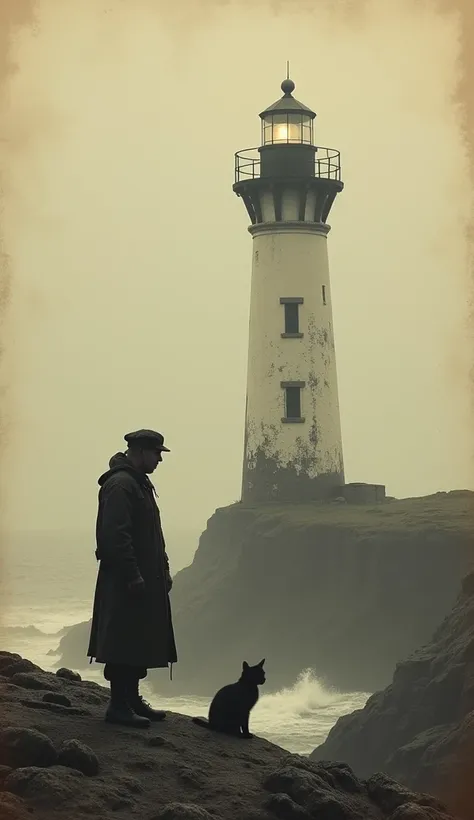 sepia, monochrome, lighthouse with lighthouse keeper and cat, old film effects