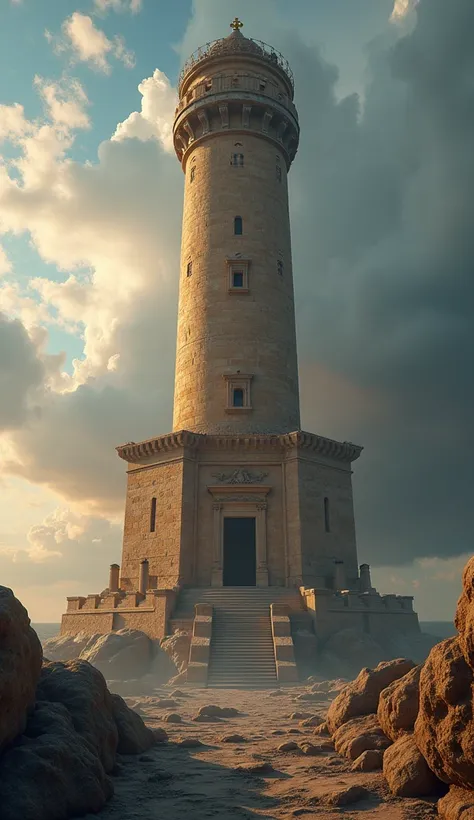 a detailed panoramic view of the great lighthouse of alexandria on the island of faros in 280 BC, a high round tower with a square base and an entrance, a fireplace at the top under a stone roof, dramatic lighting, dramatic clouds, ancient architecture, (b...