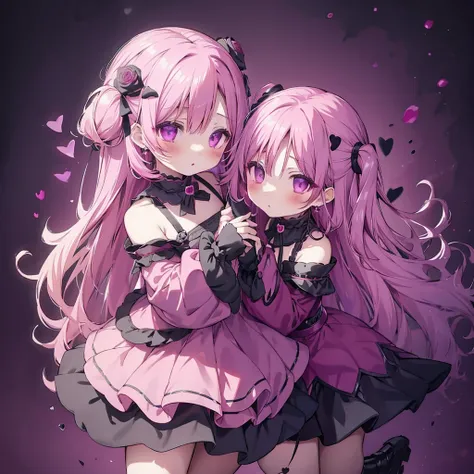 Attractive face、Chibi、Magenta Background、Black clothes、Long sleeves with flared cuffs、Shoulders are exposed、One piece flare skirt、Rabbit with stuffed toy、Black and magenta palette、Gothic Shoes、Positive、Black Rose、🌙、Perfect Anatomy、heart、