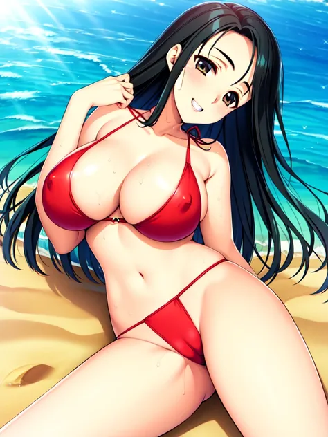 Natsuko Masaki | Remake of Doukyuusei 同級生 リメイク, masterpiece, best quality, a sexy woman in sexy slingshot swimsuit posing seductive and standing on sand beach near ocean, 1girl, breasts, Alone, high leg swimsuit, one-piece swimsuit, navel, front cutout, si...