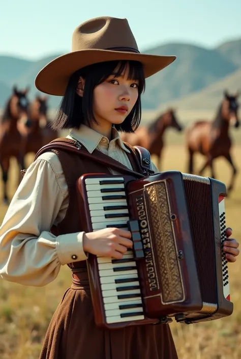 documentary photo, photo-realistic, ultra-realistic, 20 years old Japanese girl, she is playing the accordion at Wilderness Ranch, wearing cowboys costume, wild horses