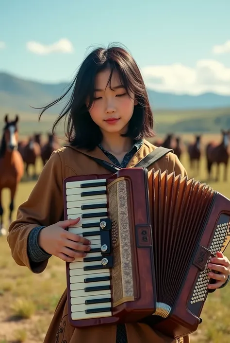 documentary photo, photo-realistic, ultra-realistic, 20 years old Japanese girl, she is playing the accordion at Wilderness Ranch, wearing cowboys costume, wild horses