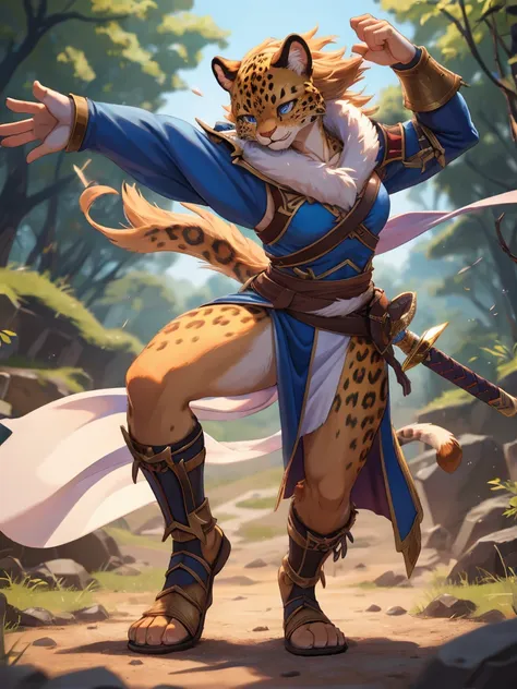 beastman adventure fantasy, battle scene , female leopard, warrior, slim , (muscular:0.8) , demonstration , low center of gravit...