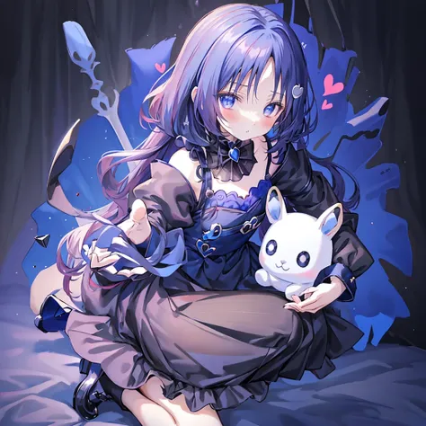 Attractive face、Chibi、royal blue background、Black clothes、Long sleeves with flared cuffs、Shoulders are exposed、One piece flare skirt、Rabbit with stuffed toy、Black and royal blue palette、Gothic Shoes、Positive、Black Rose、🌙、Perfect Anatomy、heart、🌸🌸、Floral orn...