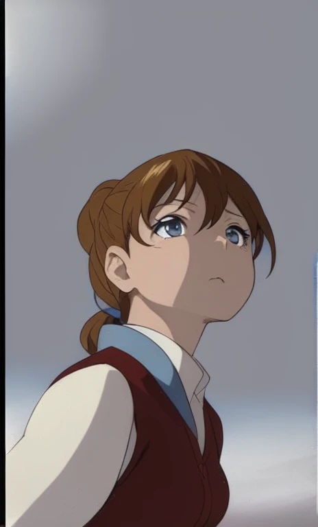 A girl with a ponytail is looking up at the sky with a sad expression and her mouth slightly open.。High image quality。