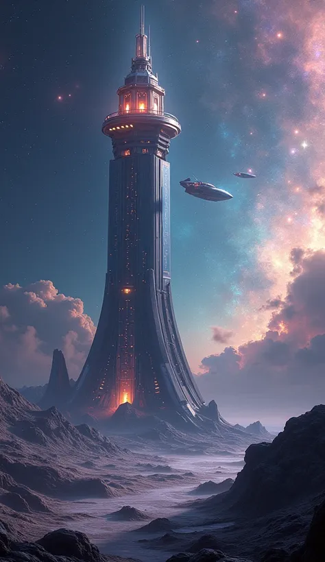 Lighthouse in space、Futuristic Design、Spaceship、Galaxy、Real Image、High image quality、